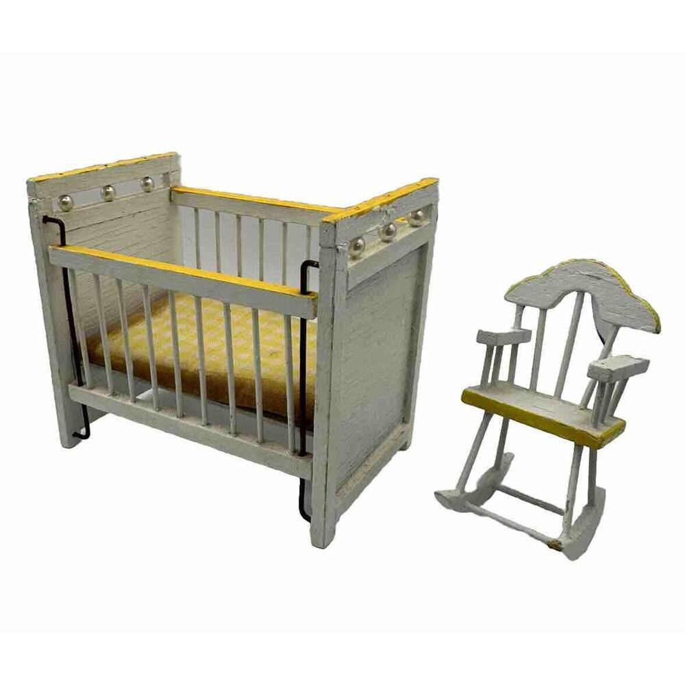 Vintage Wooden Dollhouse Furniture Nursery Baby Crib Bed And Rocking Chair Set